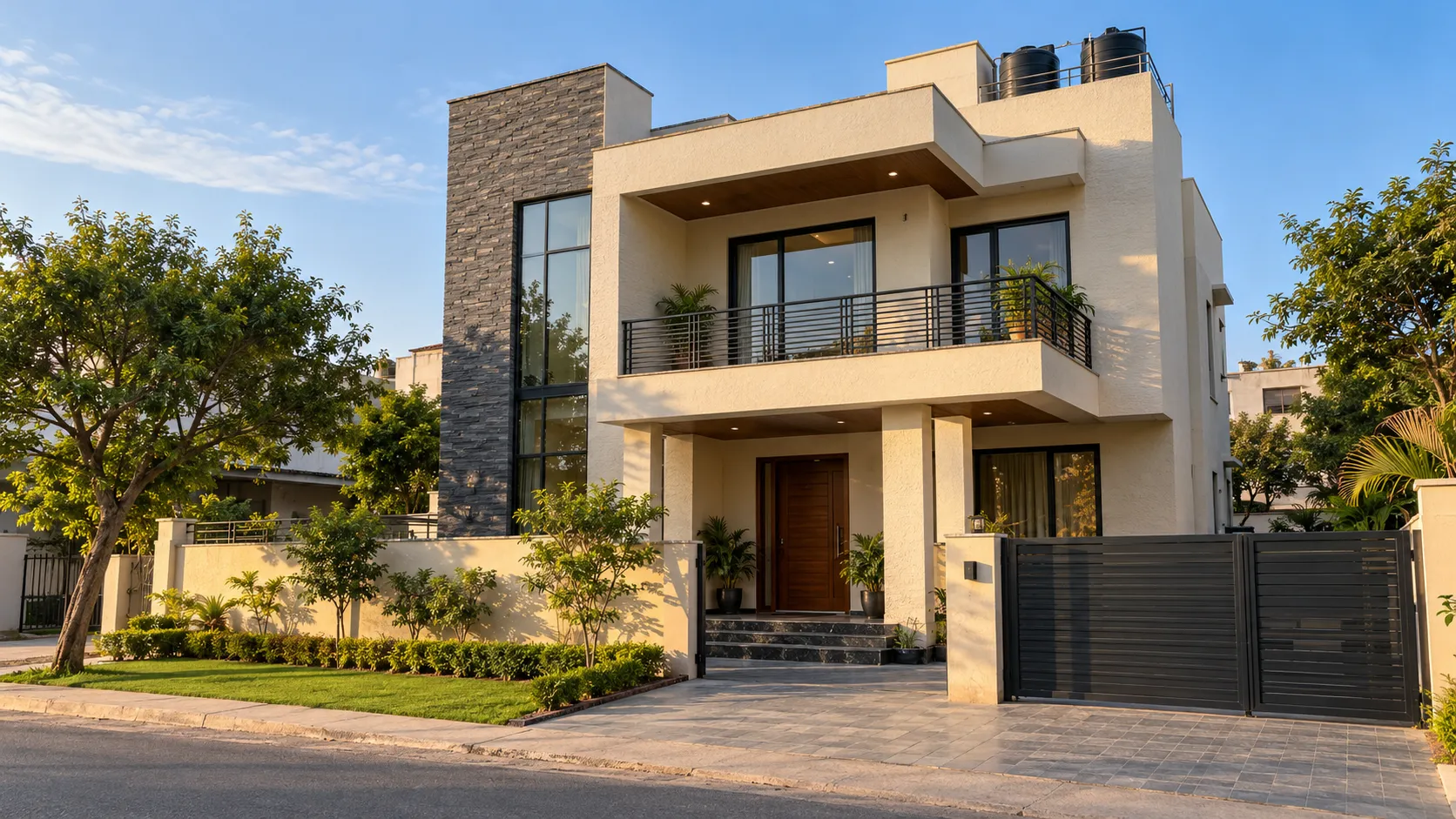 Illustrative 3D visualisation of a modern two-floor Indian house with balcony and compound wall