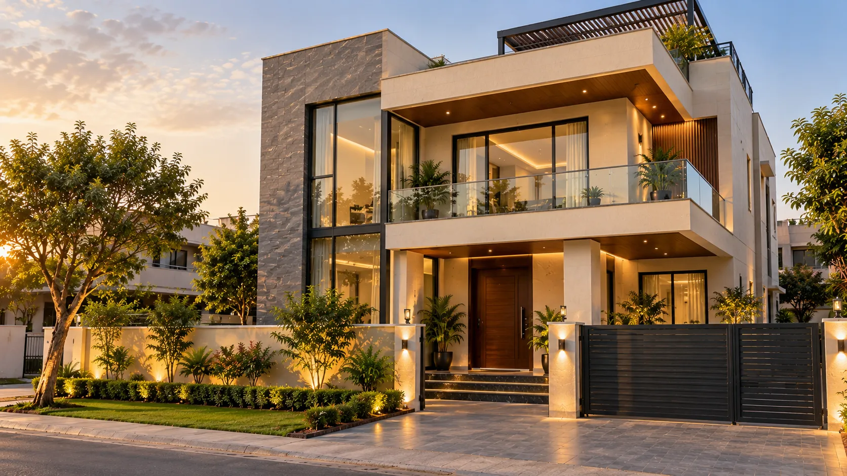 Illustrative 3D render of a premium two-floor house at dusk with timber screen and lit portico